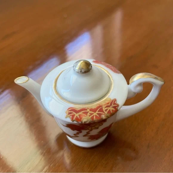 Vintage Porcelain Miniature Tea Set White Red Orange Yellow Gold Gilded Maple - Picture 2 of 12